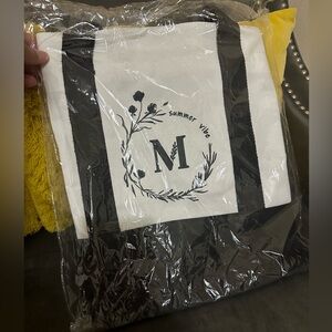 Black and white canvas tote with black trim 20x14